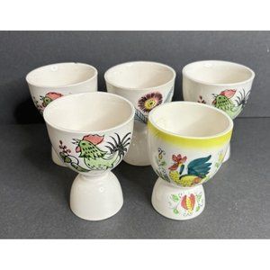 5 Vintage Hand Painted Japan Porcelain Egg Cups Rooster Kitsch READ